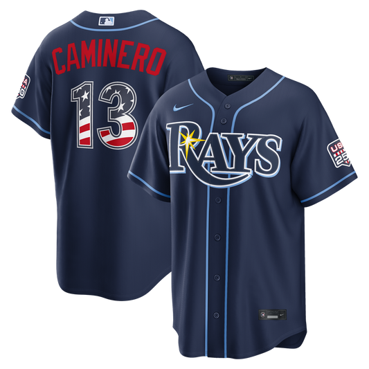 Tampa Bay Rays Junior Caminero Nike USA 250 Fourth of July Road Stadium Jersey - Navy