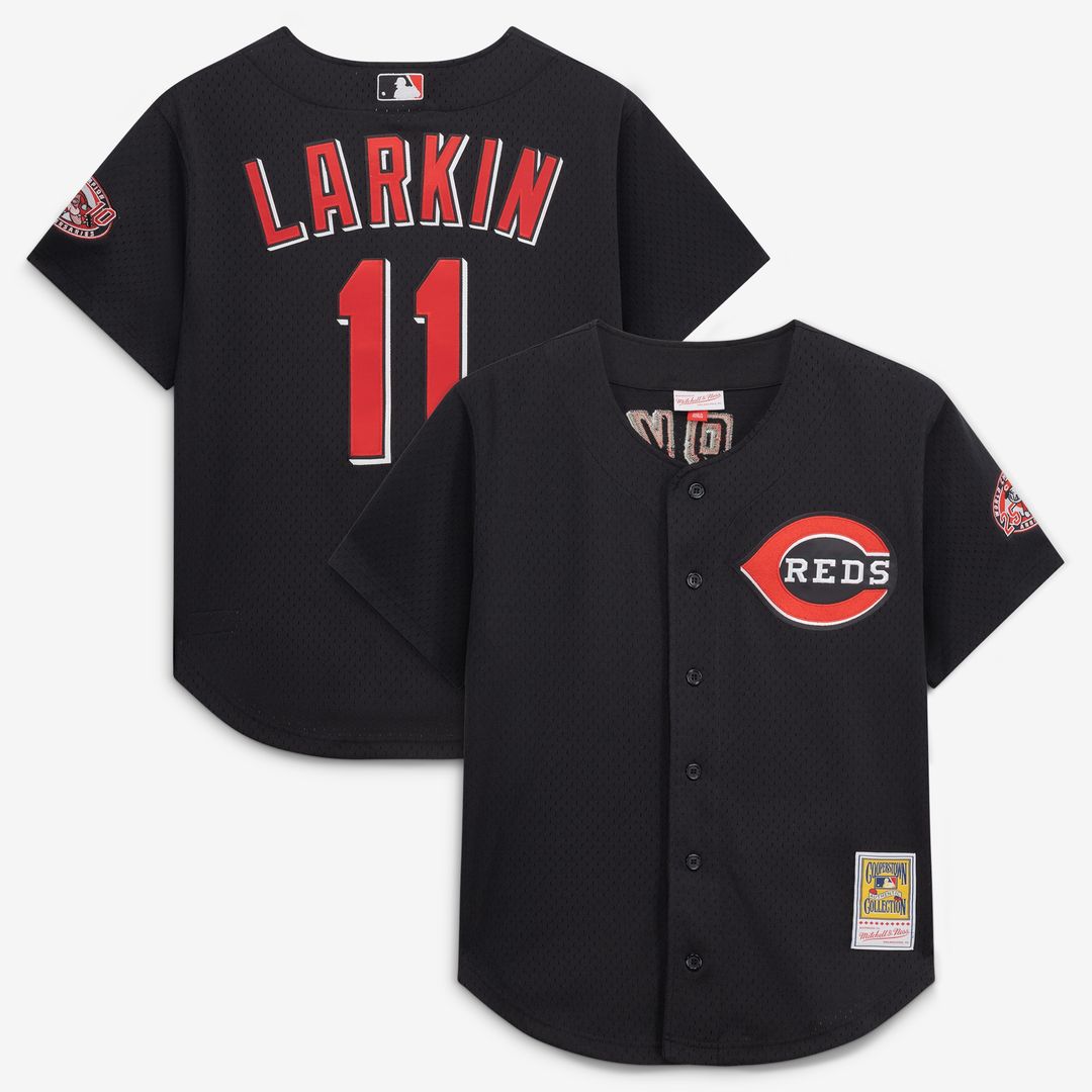 Cincinnati Reds Barry Larkin Mitchell & Ness Cooperstown Mesh Batting Practice Button-Up Jersey - Black