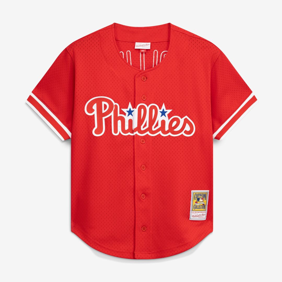 Philadelphia Phillies Jimmy Rollins Mitchell & Ness Cooperstown Mesh Batting Practice Button-Up Jersey - Red