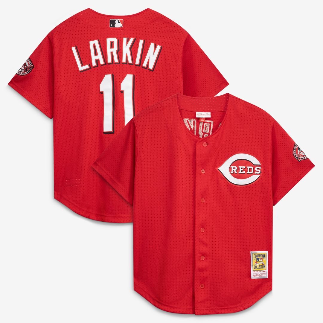 Cincinnati Reds Barry Larkin Mitchell & Ness Cooperstown Mesh Batting Practice Button-Up Jersey - Black