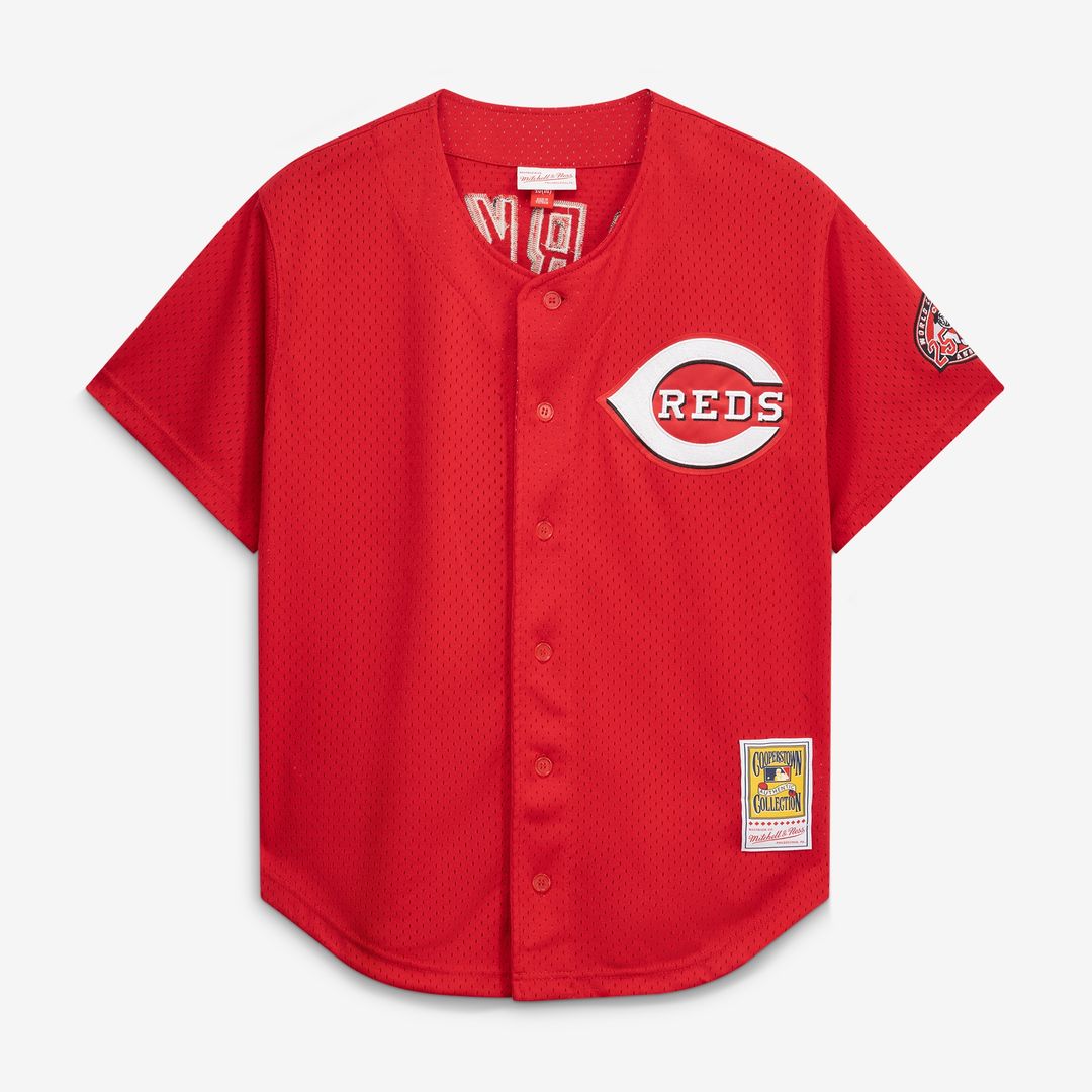 Cincinnati Reds Barry Larkin Mitchell & Ness Cooperstown Mesh Batting Practice Button-Up Jersey - Black
