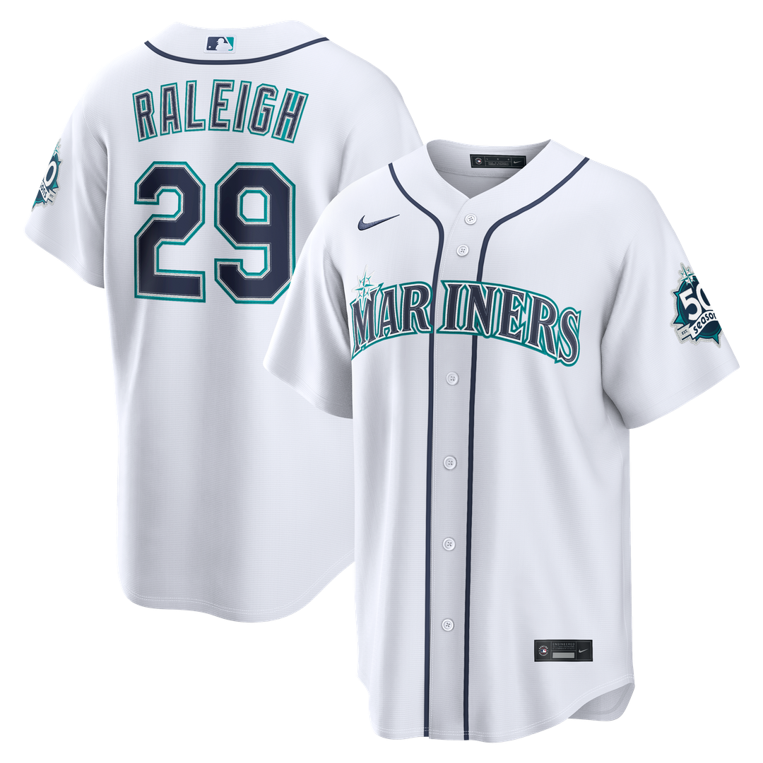Seattle Mariners Cal Raleigh Nike Road Stadium 50th Season Patch Jersey - Navy