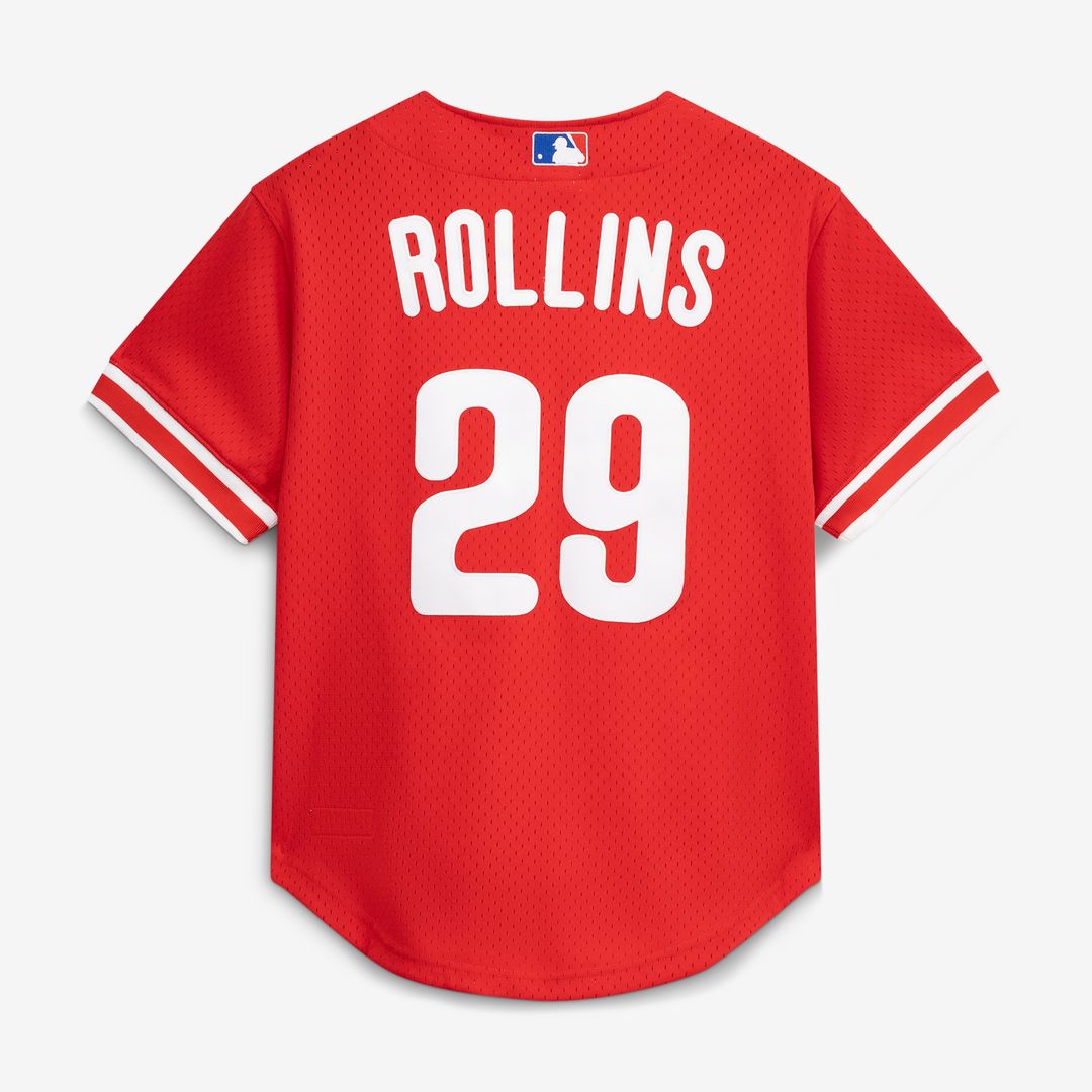Philadelphia Phillies Jimmy Rollins Mitchell & Ness Cooperstown Mesh Batting Practice Button-Up Jersey - Red