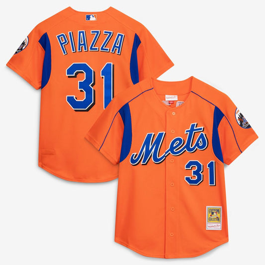 New York Mets Mike Piazza Mitchell & Ness Cooperstown Mesh Batting Practice Button-Up Jersey - Orange